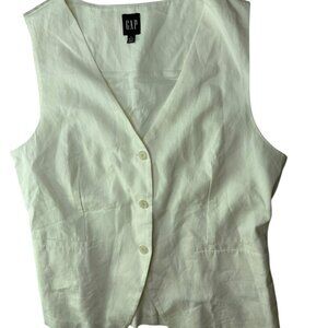 GAP Women's Linen Vest.  White V Neck. Size Women's Petite Large, Long 3 Button